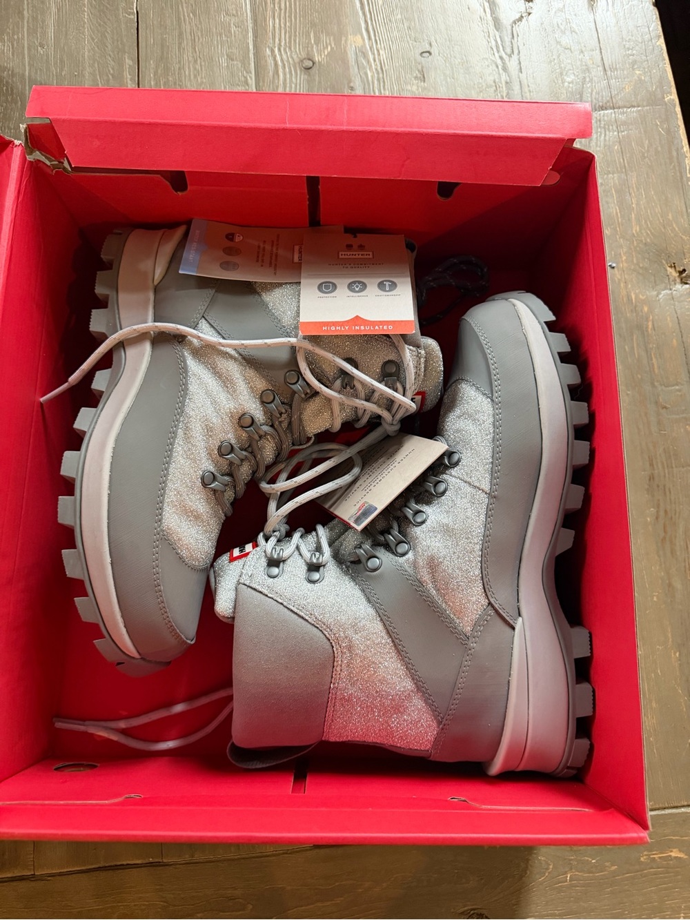 Hunter Glitter Insulated Waterproof Commando Snow Boots Grey US 9